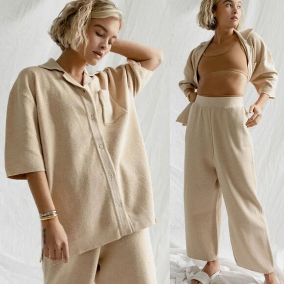 James Street Co Waffle Knit Shirt Cropped Pant Set Size M Tan Beige - Picture 1 of 10